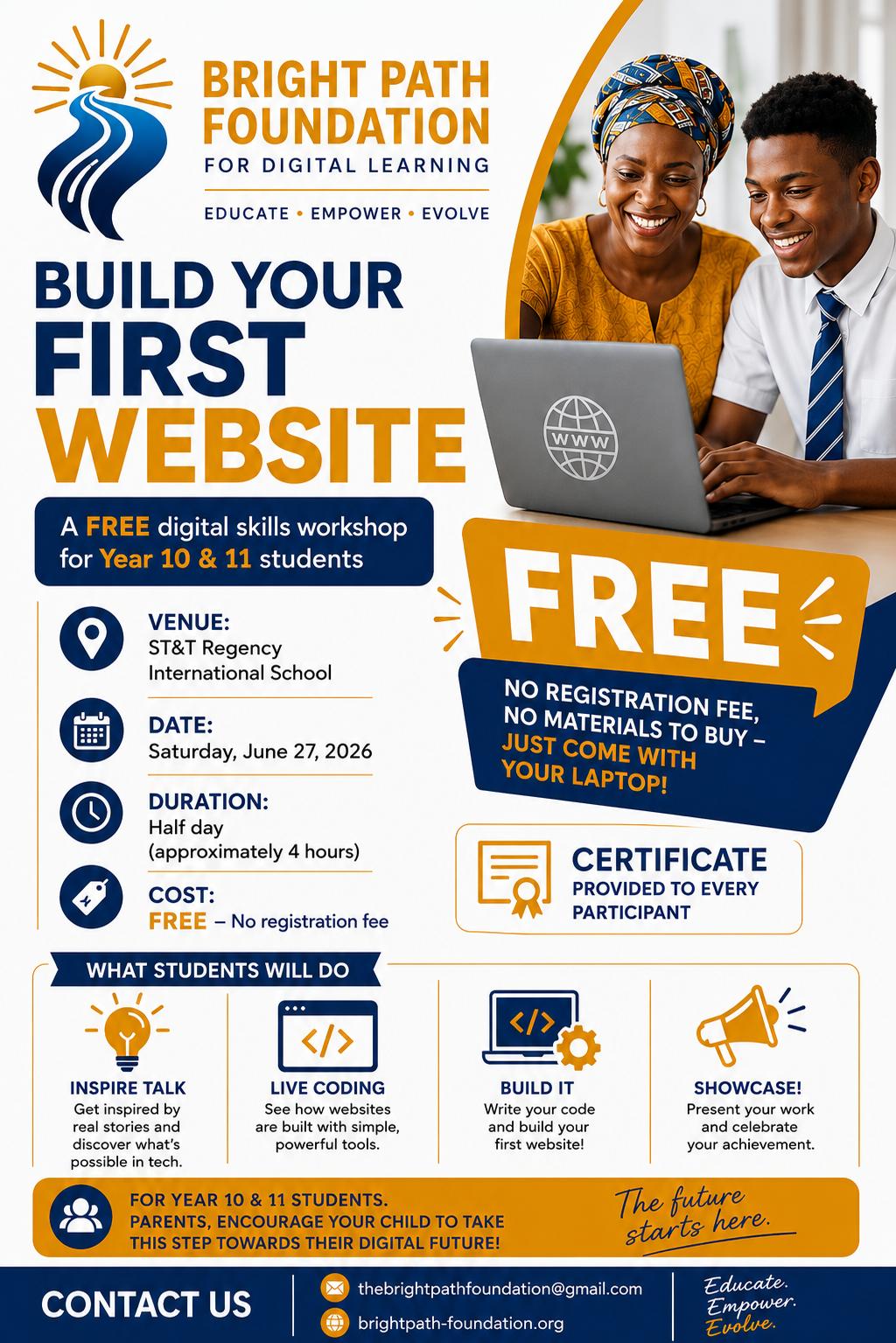 Build Your First Website — BrightPath Foundation workshop flyer