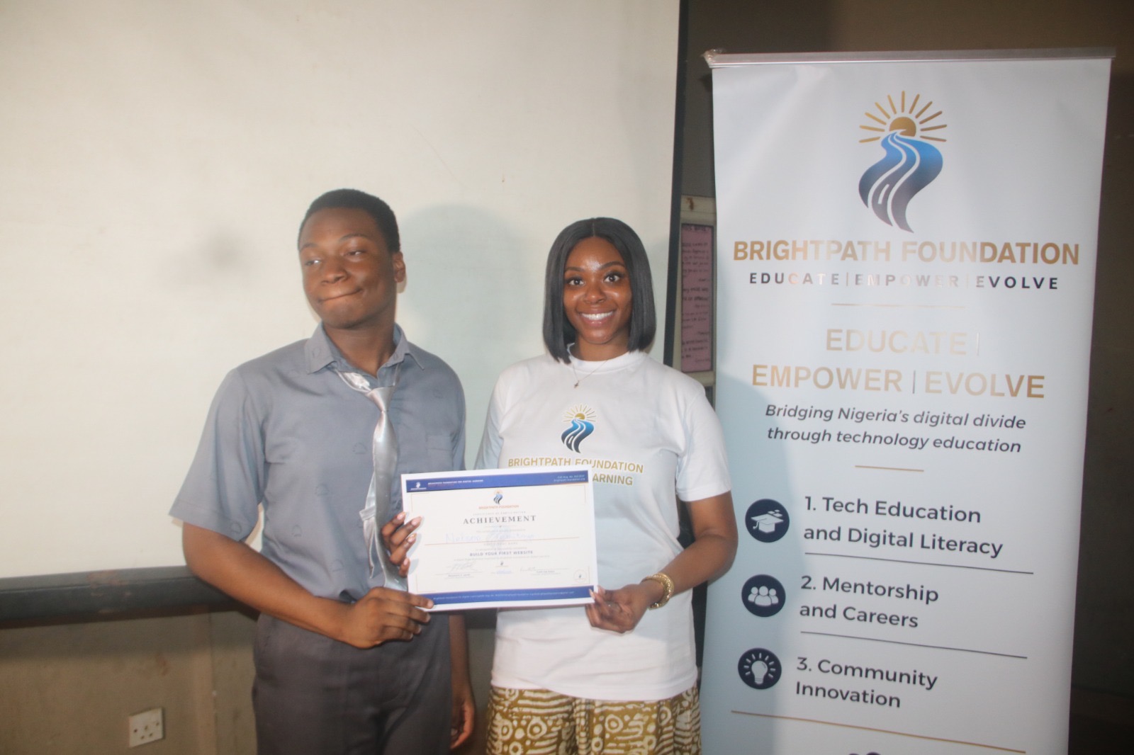 Certificate presentation at BrightPath Foundation workshop