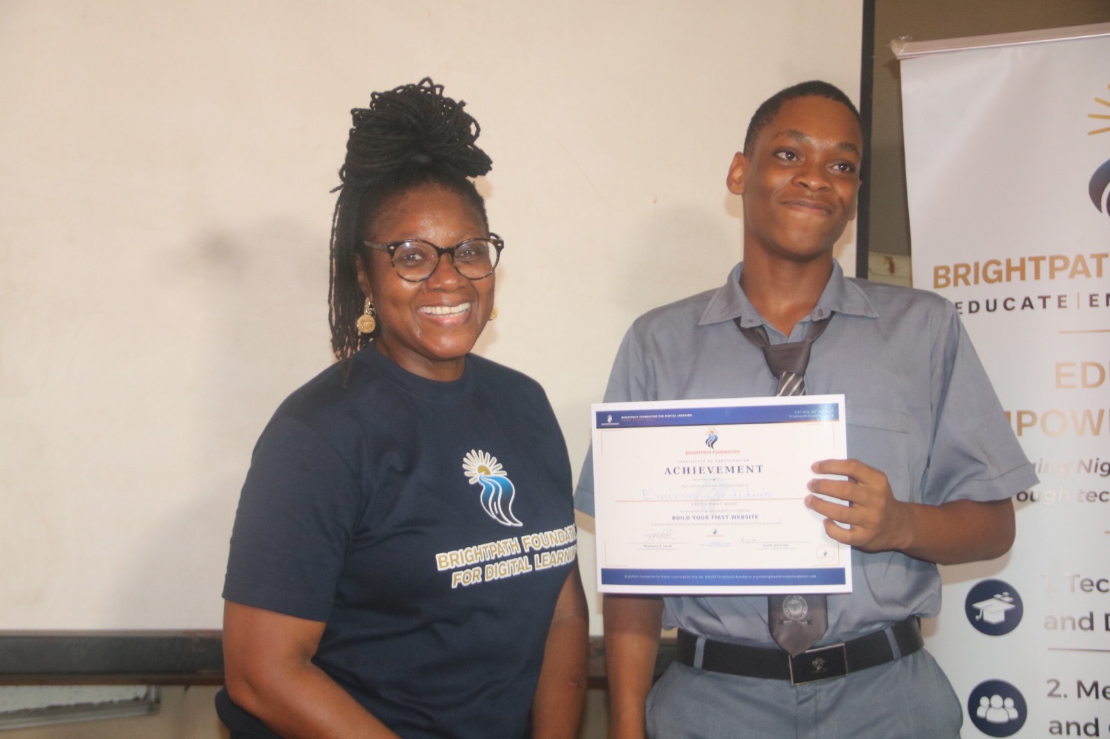 Certificate presentation at BrightPath Foundation workshop