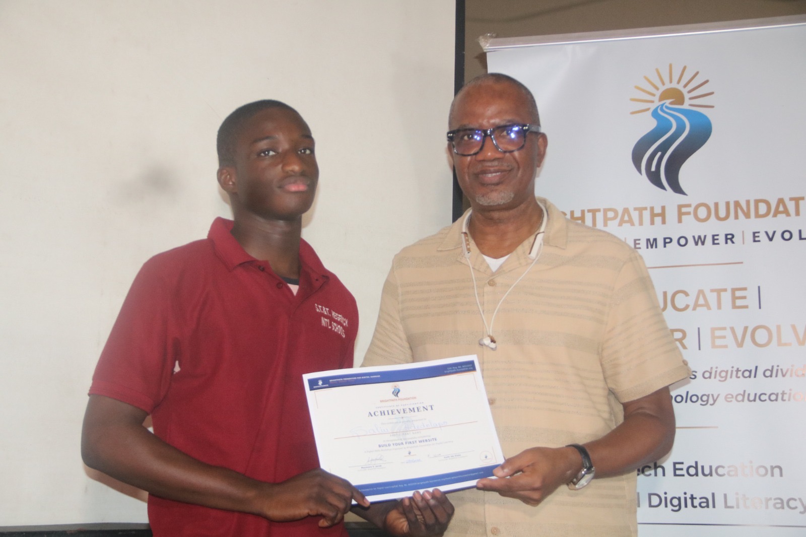 Certificate presentation at BrightPath Foundation workshop