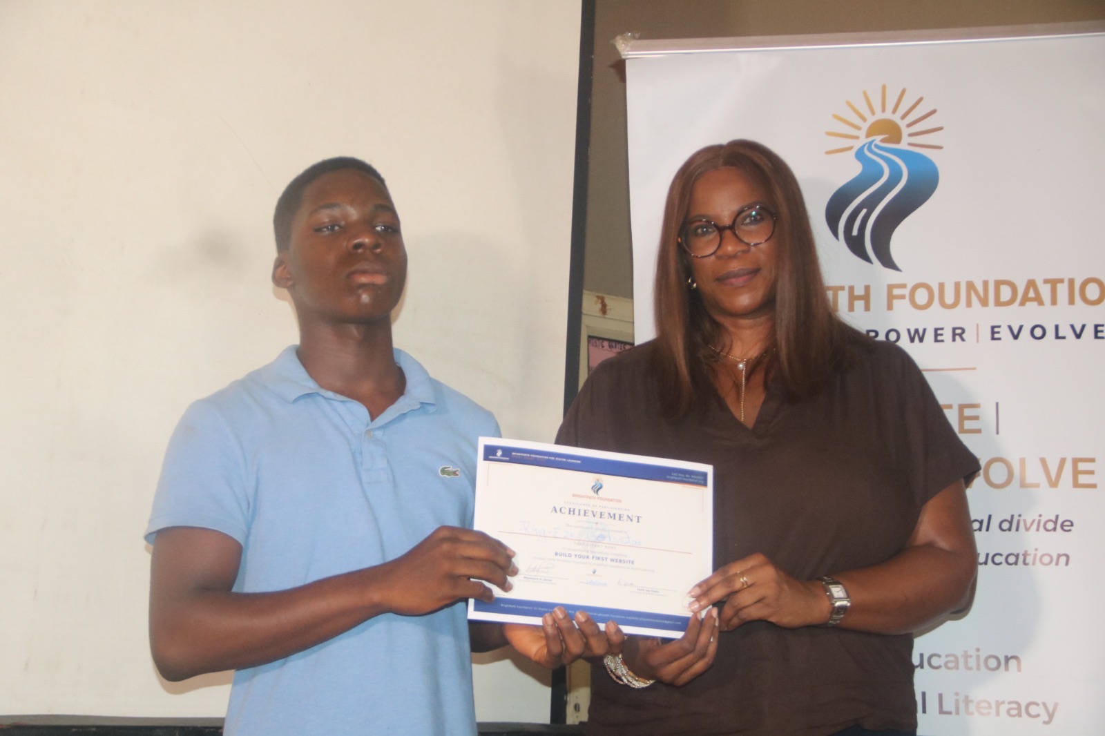 Certificate presentation at BrightPath Foundation workshop
